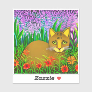 Sticker Chat à l'oeil vert dans un jardin fleuri