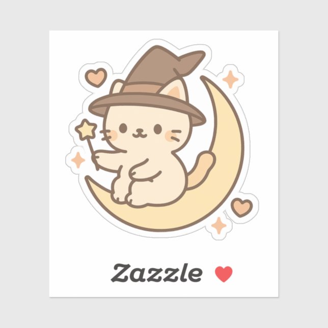 Sticker Chat à sorcière mignonne sur Crescent Moon (Feuille)