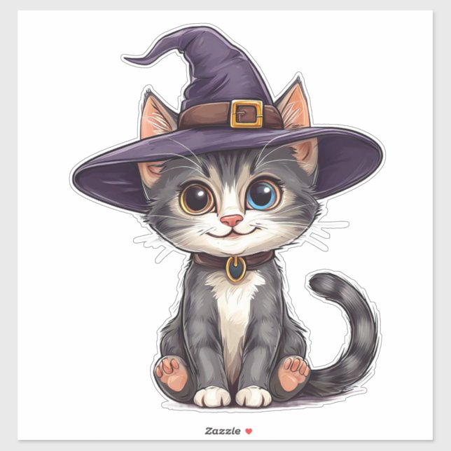 Sticker Chat adorable en Casquette sorcier (Feuille)