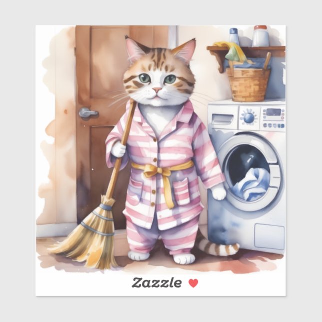 Sticker Chat adorable en pyjama Faire la blanchisserie Drô (Feuille)