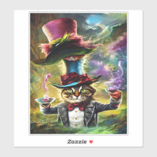 Sticker Chat anthropomorphique Mad Hatter Imaginaire Fairy