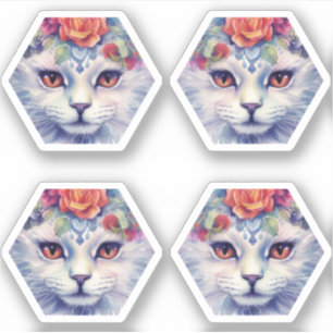 Sticker Chat aux yeux jaunes et fleurs