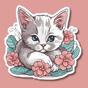 Sticker Chat blanc allongé en Fleurs roses étanche
