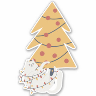 Sticker Chat blanc enveloppé de lumières rouges des arbres