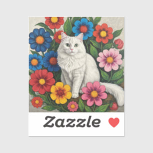 Sticker Chat Blanc Fluffy et Fleurs d'Art Populaire