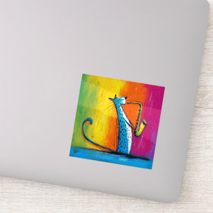 Sticker Chat bleu jouant du saxophone