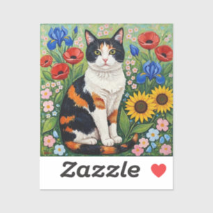 Sticker Chat calicot et tournesols d'art populaire