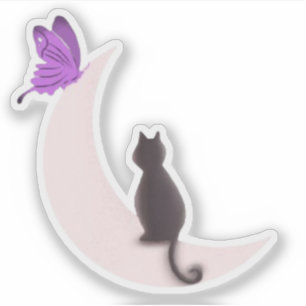 Sticker Chat céleste esthétique et papillon violet Lune
