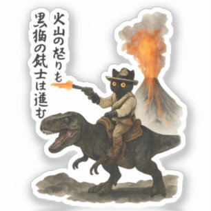 Sticker Chat cowboy noir épique chevauchant un dinosaure a