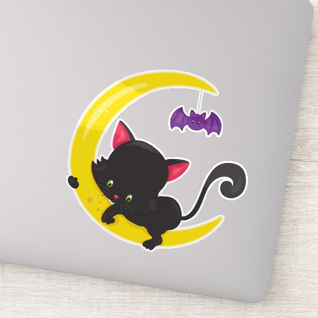 Sticker Chat d'Halloween, Chat Mignon, Chat Noir, Lune, Ch (Détail)