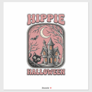 Sticker Chat d'Halloween Hippie Maison Hantée Design Vinta