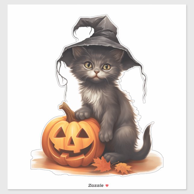Sticker Chat d'Halloween mignonne avec feuilles de Citroui (Feuille)