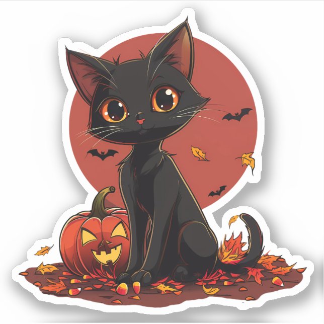 Sticker Chat d'Halloween noir mignon avec Jack-o-Lantern (Devant)