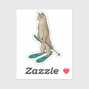 Sticker Chat en Ski avec Pôles de Ski & Ski