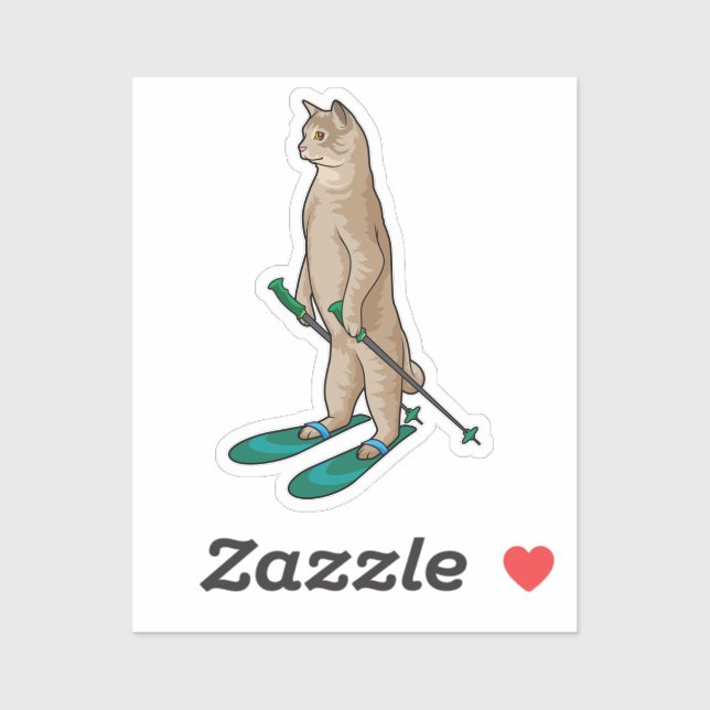 Sticker Chat en Ski avec Pôles de Ski & Ski (Feuille)