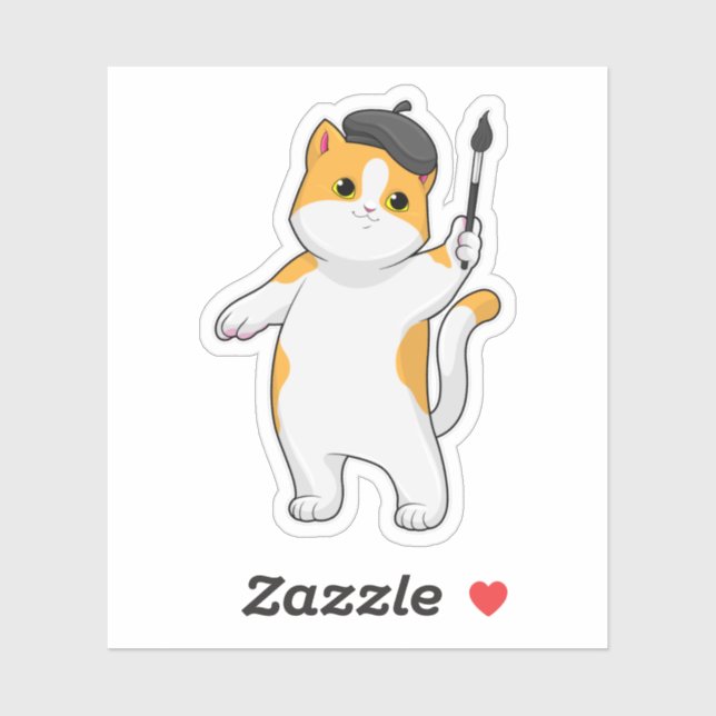 Sticker Chat en tant que Peintre avec pinceau (Feuille)