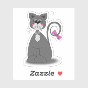 Sticker chat gris avec arc rose