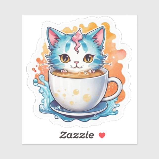 Sticker Chat Mignon Avec Tasse À Café Dessin Animé-94678 (Feuille)