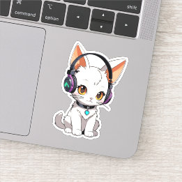 Sticker Chat Mignon Kawaii avec Écouteurs