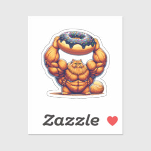 Sticker Chat Musclé qui Soulève un Beignet
