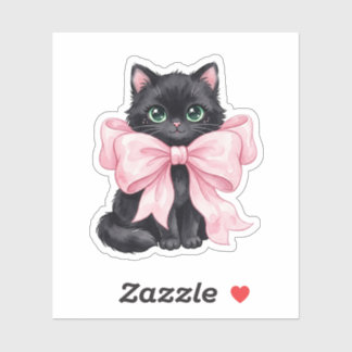 Sticker Chat Noir Avec Grand Nœud Ruban Rose Halloween