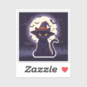 Sticker Chat noir éffrayant avec Casquette sorcier et chev