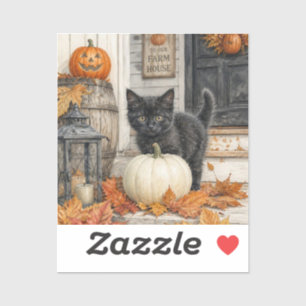 Sticker Chat noir et ferme à citrouilles Halloween 