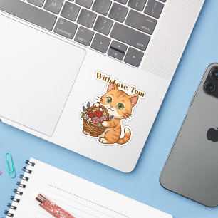 Sticker Chat orange mignon & Fleurs printanières : Autocol