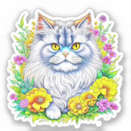 Sticker Chat perse en Fleurs Jaunes et Roses