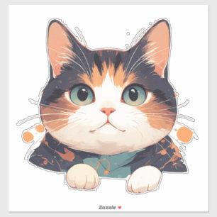 Sticker Chaton Calico Joyeux Avec De Grands Yeux Verts
