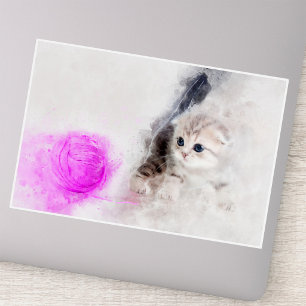 Sticker Chaton jouant avec une boule de laine rose à l'aqu