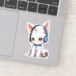 Sticker Chaton Mignon avec Casque de Musique Élégant