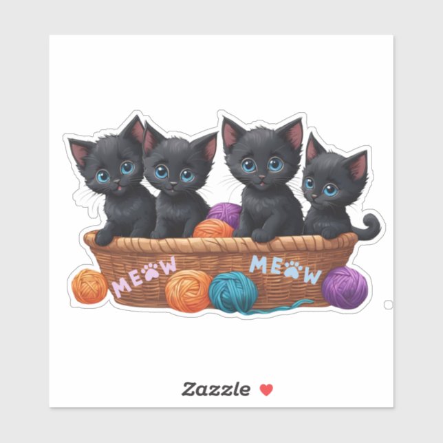 Sticker Chatons noirs dans un panier avec fils (Feuille)
