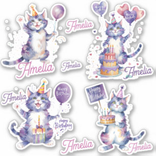 Sticker Chats pourpres Joyeux anniversaire Personnalisé