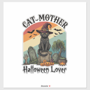 Sticker Chatte Mère Amoureuse d'Halloween Chapeau de Sorci