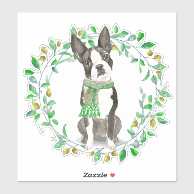 Sticker Cher Petit Terrier De Boston Avec Écharpe (Feuille)
