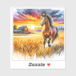 Sticker Cheval à l'aquarelle dans un champ de blé