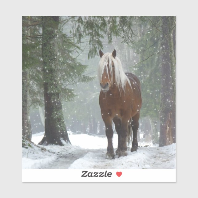 Sticker Cheval Brown dans une forêt d'hiver avec chute de  (Feuille)