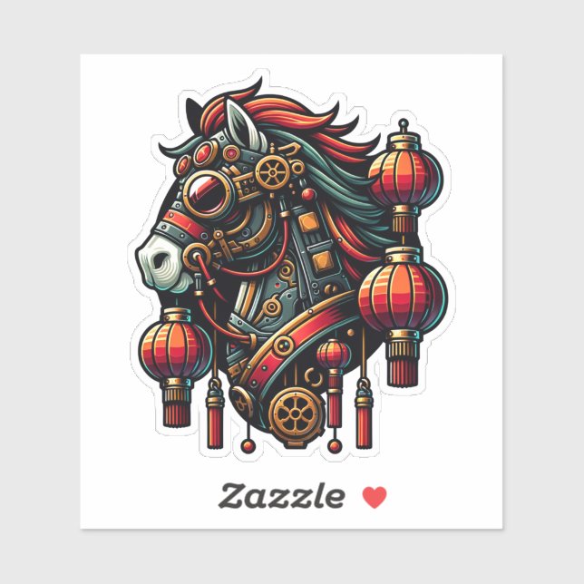 Sticker Cheval chinois de Nouvel An Steampunk (Feuille)