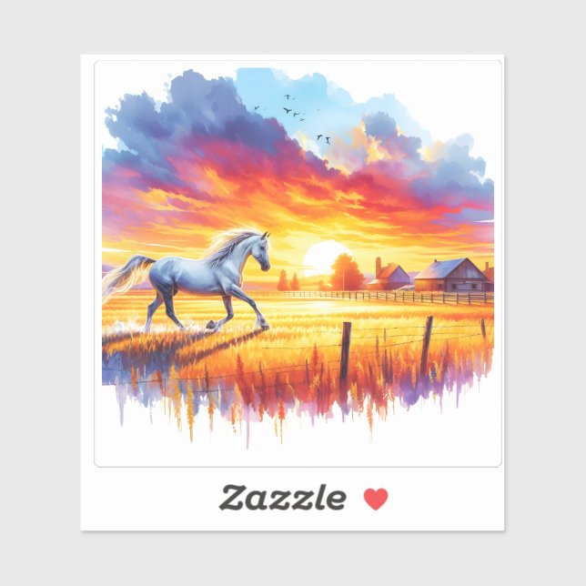 Sticker Cheval dans le paysage du coucher du soleil (Feuille)