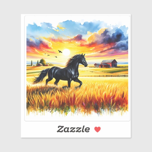 Sticker Cheval du coucher de soleil en aquarelle vive (Feuille)
