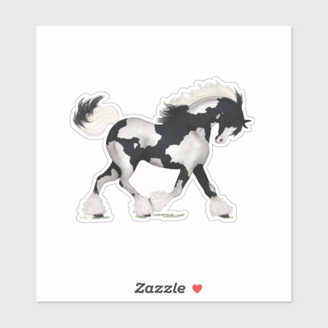 Sticker Cheval noir et blanc Overch Gypsy Vanner Pony (Feuille)