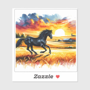 Sticker Cheval noir galopant dans des champs dorés