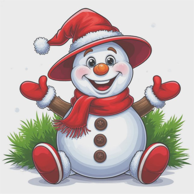 Sticker Cheveux Snowman Habillé En Rouge Avec Casquette (Devant)