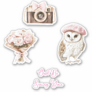 Sticker Chic Béret Rose Marron Blanc Hibou À Revoir