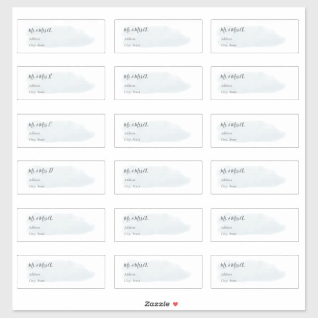 Sticker Chic Dusty Bleu Brossé Aquarelle Adresse d'invité (Feuille)