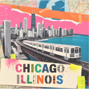 Sticker Chicago Skyline Train Collage Pop Art Rétro Voyage