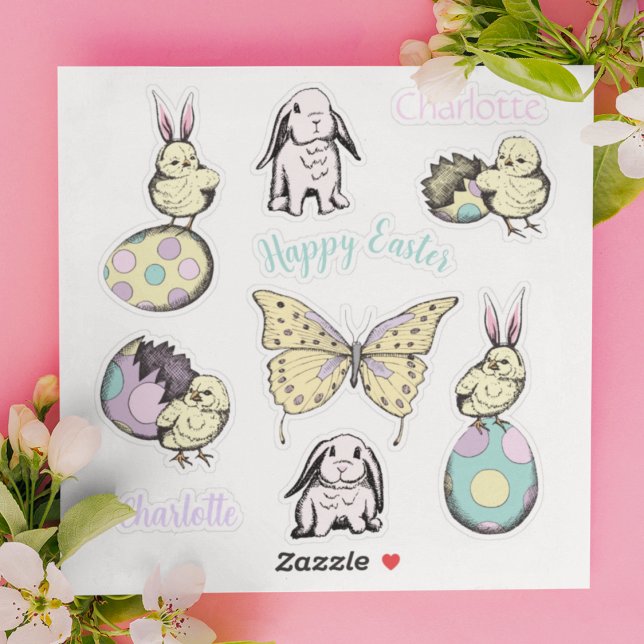 Sticker Chick, lapin, papillon et nom personnalisé (Adorable set of 10 vinyl Kiss-Cut stickers: Easter Chicks & Bunny Ears, Bunnies, 2 Personalized Name)