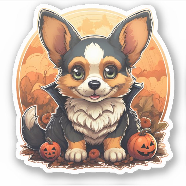 Sticker Chien adorable avec dessin Citrouille Halloween Co (Devant)