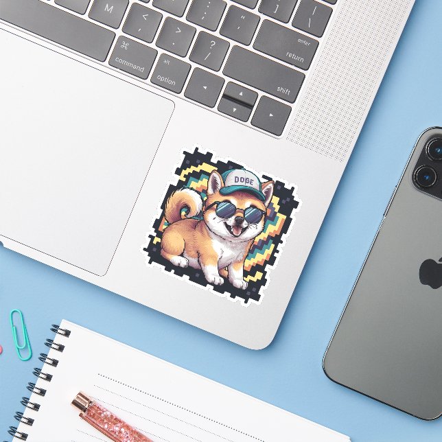 Sticker Chien chiot Shiba Inu (Ordinateur portable avec iPhone)